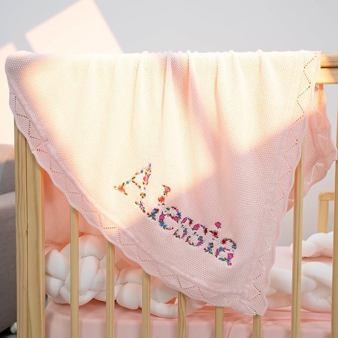 Personalized Floral Embroidered Name Blanket – Soft Cotton Knit Newborn Blanket, Custom Keepsake Gift, Cozy Cover for Girls, Unique Shower Present