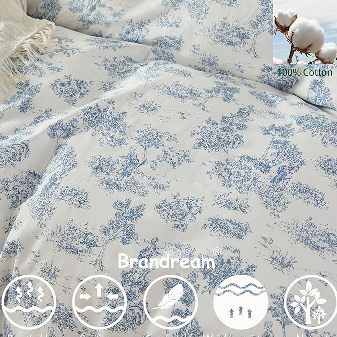 Brandream French Country Toile Duvet Cover Set Full Size for Girls Bedroom Vintage Blue Toile Floral Print 100% Cotton Delicate Ruffle Fringe Soft and Breathable, 3 Pieces Bedding with Zipper Closure