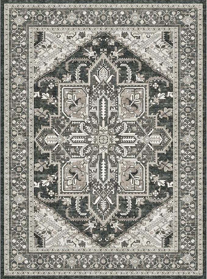 WITSHOCK Living Room Area Rugs 9x12: Washable Rug Boho Soft Non-Slip Low Pile Stain Resistant Foldable Carpet for Bedroom Playroom Dining Room Office Kitchen Farmhouse Home Decor Rug-Bitter Black
