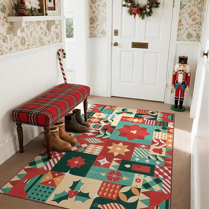 jinchan Christmas Rug 4x6 for Entryway Washable Christmas Living Room Rug Xmas Geometric Floor Mat Non-Slip Soft Throw Carpet Festive Red-Green Holiday Patch Decor for Bedroom Kitchen Bathroom