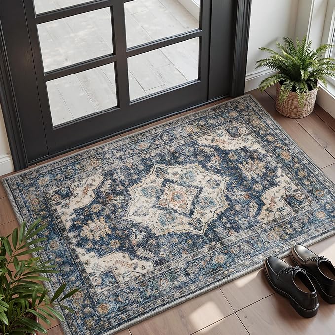 AMOAMI-2X3 Small Rug-Washable Rugs Entryway Mat Indoor-Soft Vintage Non Slip Rugs for Kitchen Laundry Room Bathroom Blue Decorative Accent Rug for in Front of Sink 24 Inch x36 Inch