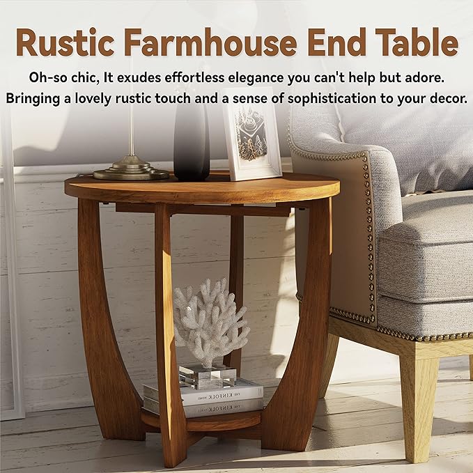 COZAYH Rustic Farmhouse End Table with Storage Shelf, French Country Accent Side for Family, Dinning or Living Room, Small Spaces, Modern, Round, Vintage Caramel Brown Finish