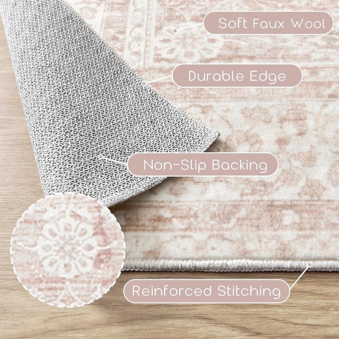 Light Pink Bedroom Rugs 6x9 Aesthetic Cute Boho Floral Feminine Soft Faux Wool Machine Washable Carpet Area Rugs for Kids Room Playroom Office