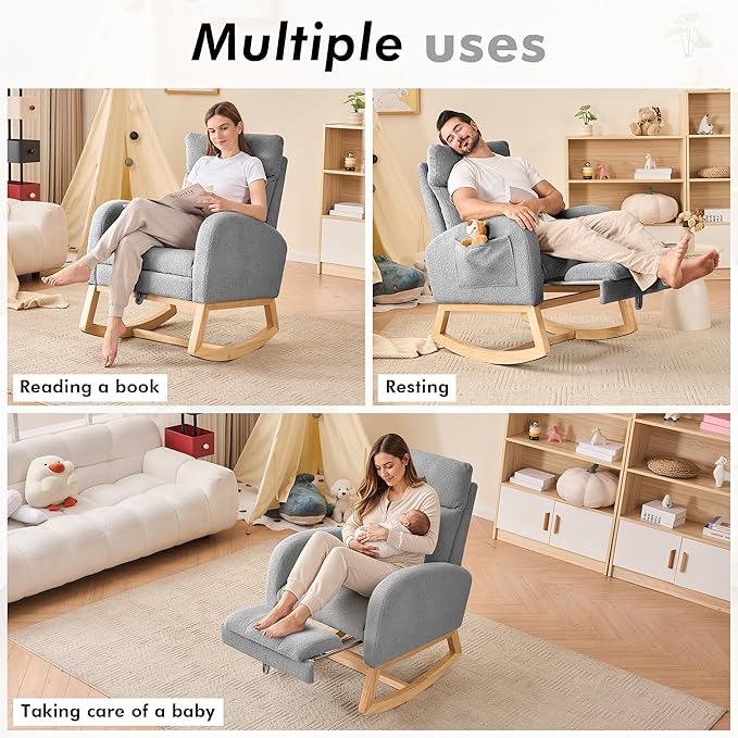 FOXHUNTER Rocking Chair for Nursery with High Backrest & Foot Rest-Nursery Rocking Chairs with Side Storage Pocket for Breastfeeding,Modern Glider Chair for Baby Bedroom,Living Room,Teddy Grey