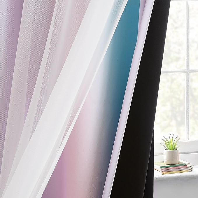 100% Blackout Curtains with Sheer Overlay Mix and Match Double Layer Drapes 84 Inch Long 2 Panels for Room Bedroom Ombre Rainbow Grommet Window Treatment with Tiebacks