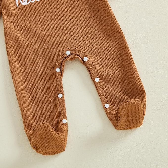 Hello I'm New Here Newborn Outfit Boy Letter Embroidery Waffle Knit Long Sleeve Footed Jumpsuit Coming Home Outfit Hat