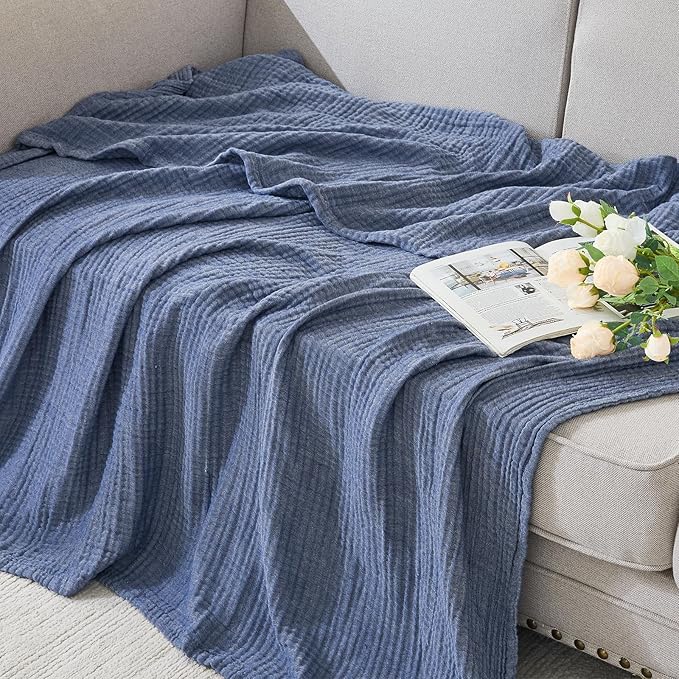 EMME Cotton Muslin Queen Blanket Bed Layering Bedspread Coverlet Breathable Gauze Soft Lightweight Adults (Heather Navy, 90"x90")