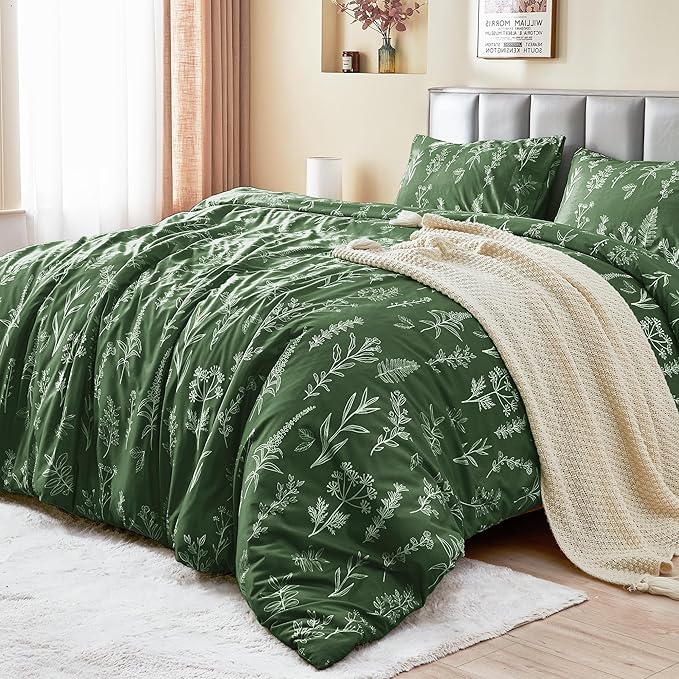 MUXHOMO Duvet Cover King Size, Reversible Floral Dark Green Duvet Cover Set with Zipper Closure, 3 Pieces Botanical Patterns Soft Microfiber Bedding Set (90"x104", 2 Pillow Cases 20"×36")