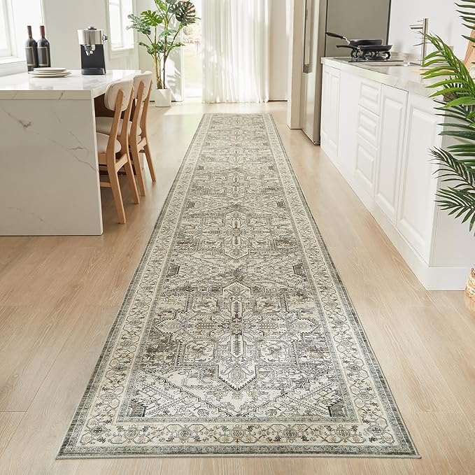 WITSHOCK 3x20 Extra Long Runner Rug for Hallway: Washable Boho Low Pile Stain Resistant Foldable Floor Carpet for Bedroom Entryway Bathroom Kitchen, Distressed Farmhouse Rug, Brown/Lvory, 36″x240″