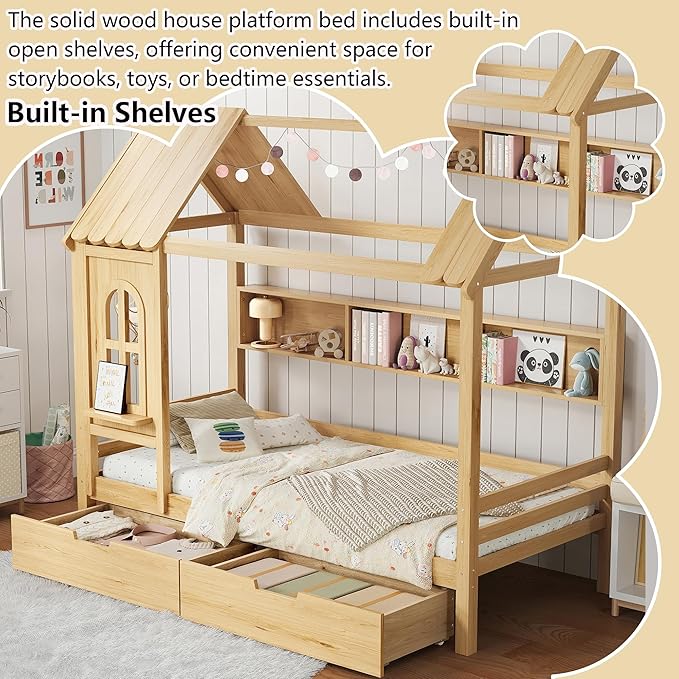 Twin House Bed with Drawers and Window, Solid Wood House Platform Bed with Shelves, Twin Bed Frame with House-shaped Roof for Kids, Boys, Girls, No Box Spring Needed and Childlike Design, Natural