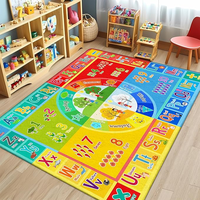 5x7 Kids Rug for Classroom & Playroom - ABC Alphabet Educational Area Rug with Animals Numbers & Colors - Non-Slip Carpet Playmat for Nursery Preschool Elementary