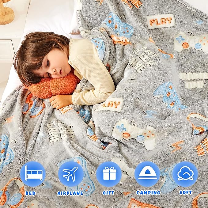 inhand Glow in The Dark Blanket Gaming Gifts for Boys Controller Kids Throw Gamer Blanket Gamer Toys for Kids Boys Presents Birthday Easter Halloween Grey 30"x40"