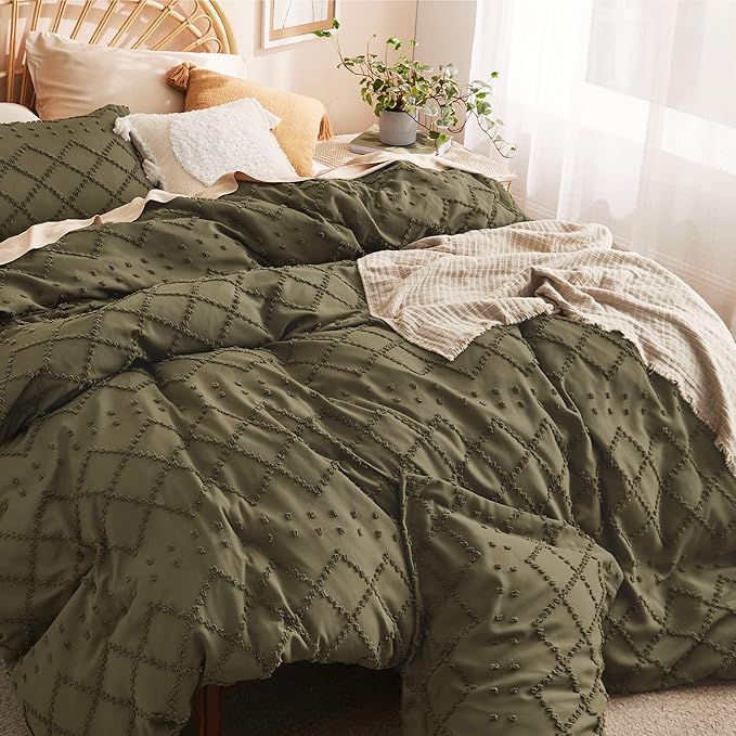 Bedsure Boho Duvet Cover Queen Size - Olive Green Breathable & Soft Boho Bedding, Machine Washable Comforter Cover for All Seasons, Includes 1 Duvet Cover 90"x90" with 2 Pillow Shams & Zipper Closure