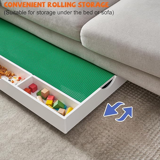 3 in 1 Construction Play Table Compatible with Lego, Kids Activity Train Table with Storage, Building Block and Train Car Conveniently Store Under Bed or Sofas