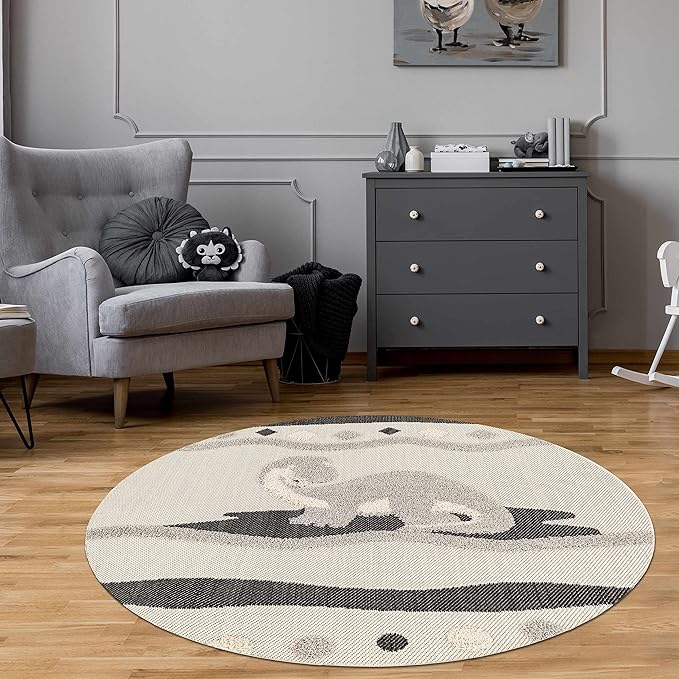 Hauteloom Kids Room, Nursery Round Area Rug - Outdoor Patio Safe - Animal Dinosaur Playroom Carpet - Beige, Gray, Black, Cream - 7'10"