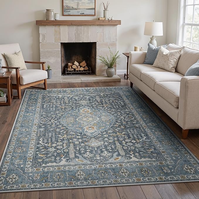 GENIMO Area Rug 6'x9', Vintage Large Rugs with Non-Slip Backing, Ultra-Thin Low Pile Soft Woven Fiber Carpet for Living Room, Bedroom, Dining Room, Nursery, Blue Black