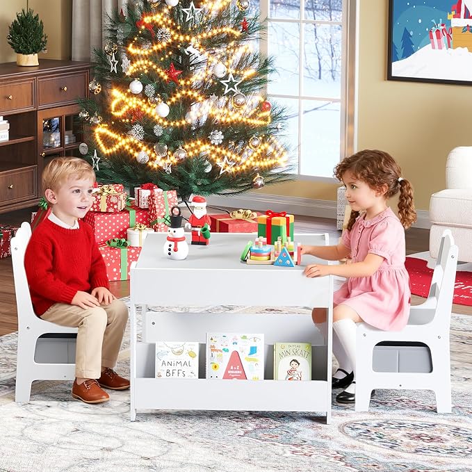 Kinder King Kids Wood Table & 2 Chairs Set, 4 in 1 Children Activity Table w/Double Bookcase, Blackboard, Toddler Furniture Set for Art, Crafts, Drawing, Reading, Playroom, Grey