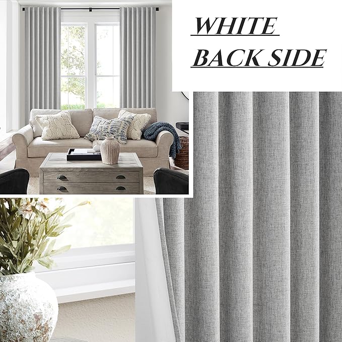 Grey Room Darkening Curtains 72 Inches Long 2 Panels Burg, Linen Heavy Insulated Bay Window Curtain Modern Neutral Drapes for Bedroom/Cabin/Kitchen (W50" x L72"Tall) 6FT Length Back Tab/Hook Belt
