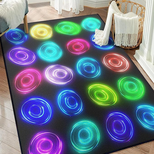 5'x 6'6" Circle Sampler Abstract Educational Area Rug for Kids Bedroom, Preschool, Classroom, Playroom, Home Learning Circular Pattern Washable Carpet,Black