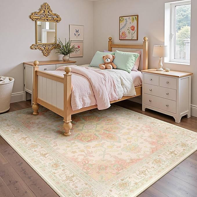 Machine Washable Rugs Nursery Rug 4x6 Cute Girl Non Slip Low Pile Water Repellent Soft Print Pattern for Bedroom Indoor Decor Kids Playroom Pinkgreen
