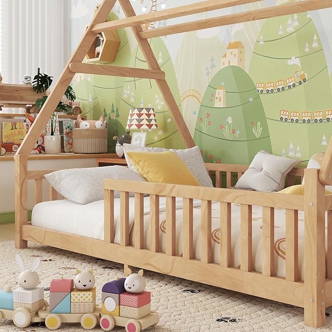 Full House Bed with Roof & LED Light, Low Profile House Bed with Fence, Safe Guardrails, DIY-Friendly for Boys & Girls, Solid Wood & MDF Construction, No Box Spring Required, Natural