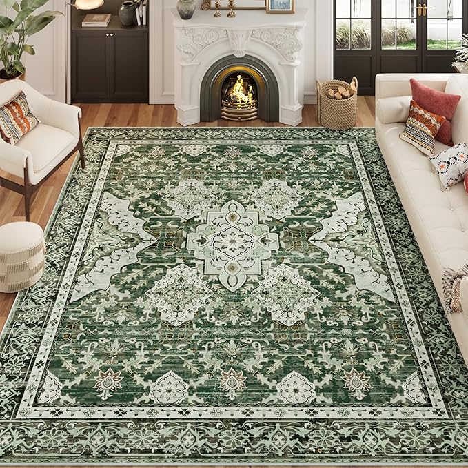 AMTOVO 8x10 Area Rugs for Living Room, Non-Slip Large Boho Vintage Medallion Floral Retro Print Pattern Carpet for Bedroom Dining Room Home Office Nursery Dorm Farmhouse, Dark Green