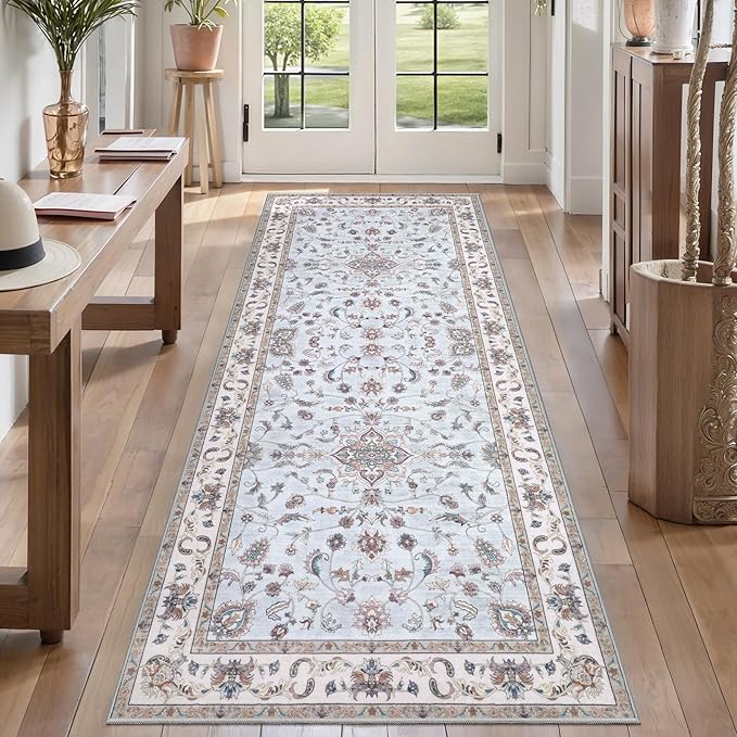 Tangsoo 2x6 Washable Runner Rug for Hallways,Vintage Boho Light Blue Non Slip Rug Runner, Soft Low Pile Persian Floral Entryway Floor Carpet for Kitchen Bedside Bathroom Kid & Pets Friendly Home Decor