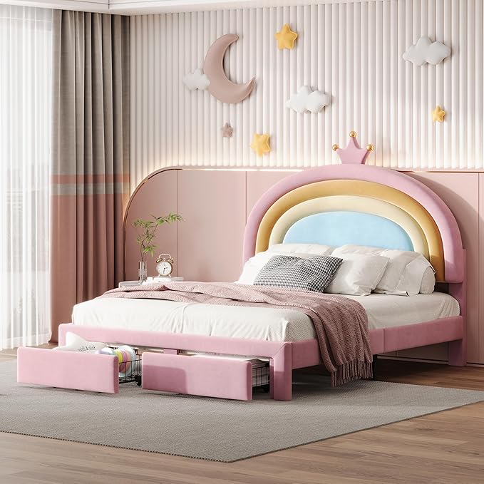 LUMISOL Cute Bed Frame for Kids, Rainbow Design Upholstered Platform Bed, Full Size Velvet Princess Bed with Drawer, Full Size Pink Girls Bed