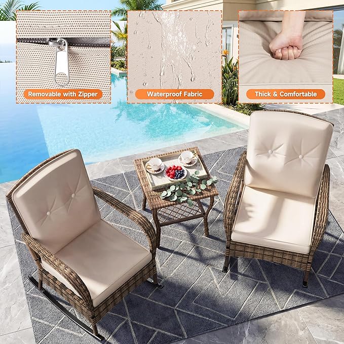 DECMICO 3 Pieces Rocking Bistro Set, Wicker Outdoor Rocking Chair with Washable Cushions, Rattan Rocking Chairs with Rattan Table, Outdoor Wicker Chair for Patio Backyard Porch Garden