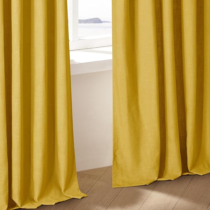 Mustard Yellow Pinch Pleated Linen Curtains 45 Inch Length 2 Panels Set for Bedroom Dining Room Kitchen Semi Sheer Linen Boho Retro Farmhouse Small Window Curtains 45 Inches Long Harvest Gold Yellow