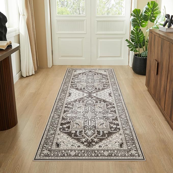 WITSHOCK 3x8 Kitchen Runner Rugs Black: Washable Rug Boho Soft Low Pile Stain Resistant Foldable Carpet for Bedroom Hallway Entryway Indoor Entrance Bedside, Vintage Distressed Farmhouse Rug, 36″x96″