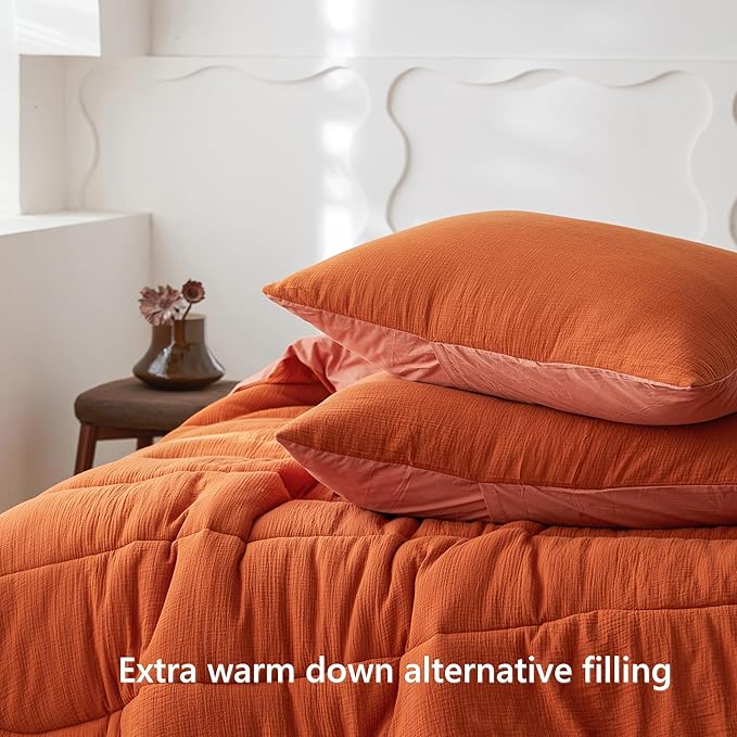 Simple&Opulence 100% Cotton Muslin Comforter Set King Size, 3PCS Washed Cotton Gauze Comforter, Soft Lightweight All Seasons Bedding Sets with 2 Pillow Shams(Burnt Orange,King)