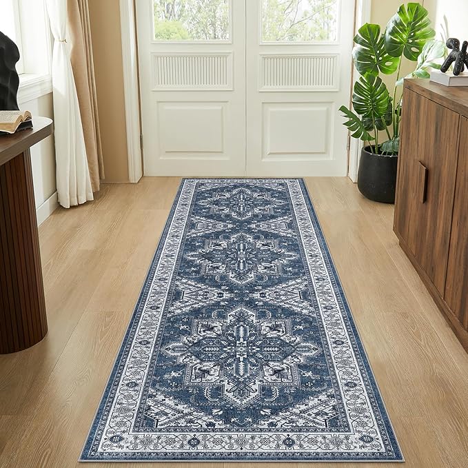 WITSHOCK Living Room Area Rugs 3x12: Washable Rug Boho Soft Non-Slip Low Pile Stain Resistant Foldable Carpet for Bedroom Playroom Dining Room Office Kitchen Farmhouse Home Decor Rug-Blue