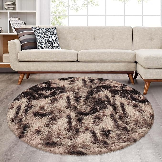 5 ft Round Fluffy Brown Rug for Bedroom,Tie Dyed Furry Round Carpet Non Slip Fuzzy Shaggy Plush Circle Area Rug Rug for Living Room Teen Room Nursery Room Playroom Kids Room Home Decor Washable