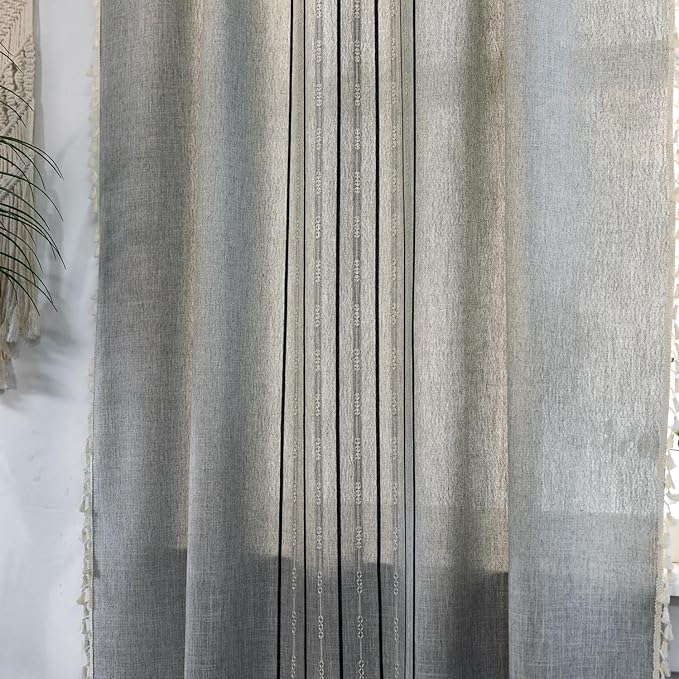 Deeprove Boho Style Curtains 96 inches Long, Vintage Bohemian Embroidery Striped Farmhouse Cotton Linen Fringe Window Treatments Bedroom Nursery Decor, W52 x L96, 1 Panel Dusty Grey and Stone Blue