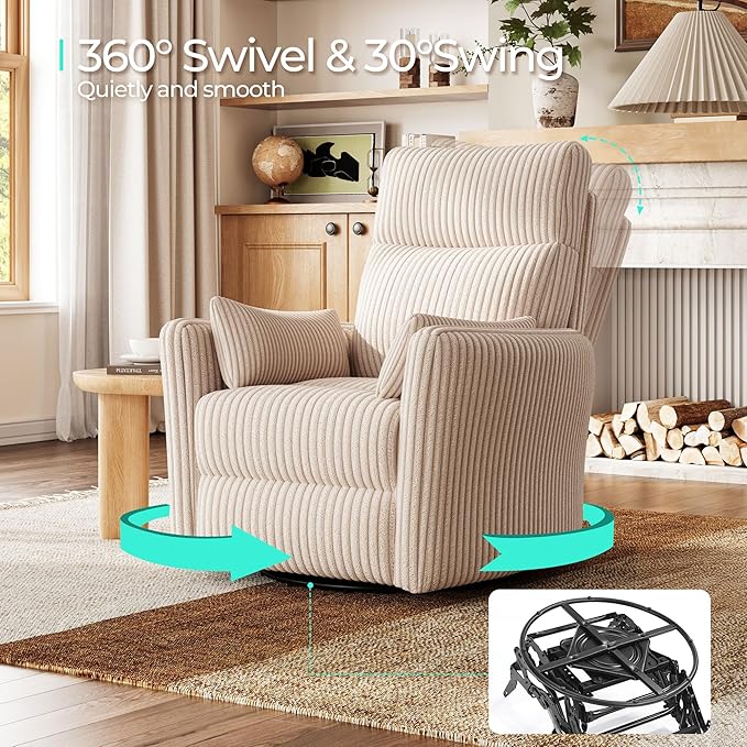 LINSY HOME 360 Swivel Nursery Rocking Chair with 2 Pillows, Corduroy High Back Adult Recliner for Small Spaces, Nursery Glider Rocker Chair, Bedroom Living Room Reclining Chairs (Beige)