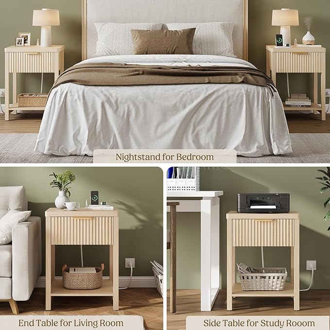 Lulive Night Stand Set 2, Fluted Nightstand with Charging Station, Wood Modern Bedside End Table with Storage Drawer for Bedroom, Save Space (Set of 2, Natural Oak)