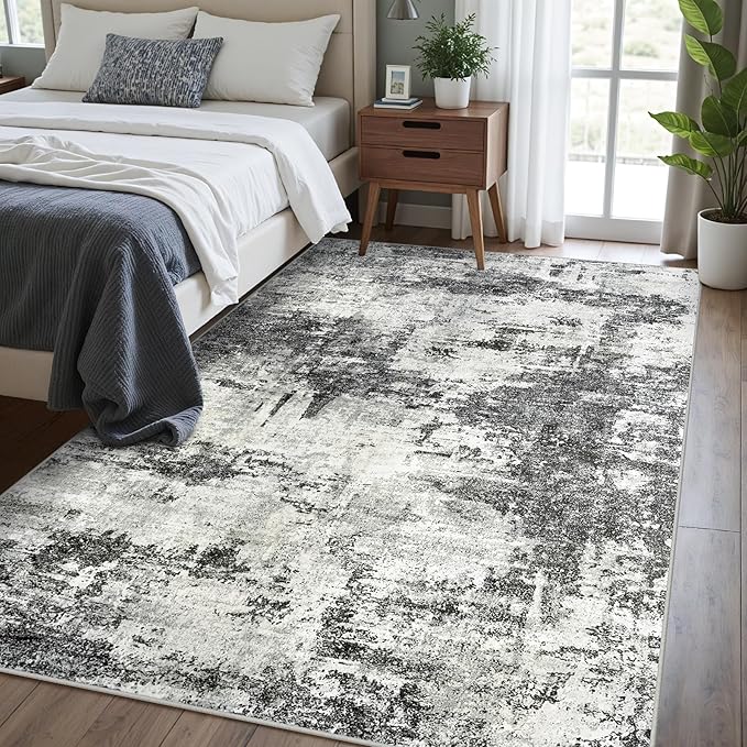 Washable Rug 6x9 Area Rugs: Soft Large Living Room Rug with Anti-Slip Backing Non-Shedding Stain-Resistant Modern Abstract Carpet for Bedroom Dining Room Nursery Home Office-Black