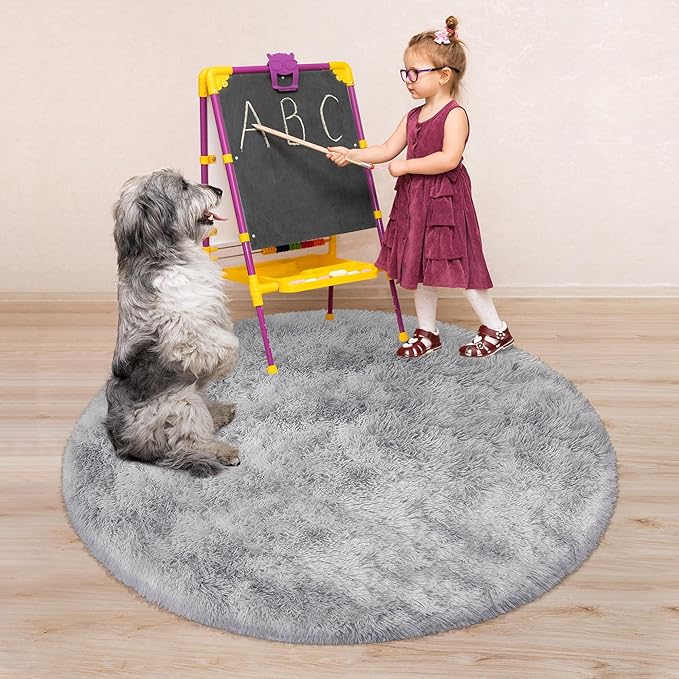 4 ft Round Fluffy Grey Rug for Bedroom,Tie Dyed Furry Round Carpet Non Slip Gray Fuzzy Shaggy Plush Circle Area Rug Rug for Living Room Room Nursery Room Playroom Kids Room Home Decor Washable