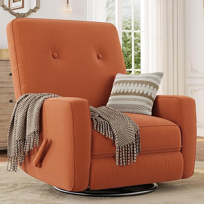 GarveeHome Recliner Chairs, Swivel Rocker Recliner, Glider Recliner Nursery Chair for Adults, 360° Swivel Glider Rocking Chair for Living Room, Bedroom, Office, RV, Small Spaces, Corduroy, Orange