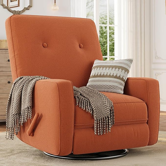 GarveeHome Recliner Chairs, Swivel Rocker Recliner, Glider Recliner Nursery Chair for Adults, 360° Swivel Glider Rocking Chair for Living Room, Bedroom, Office, RV, Small Spaces, Corduroy, Orange