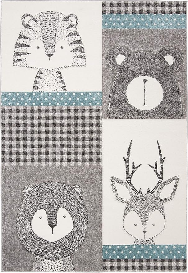 SAFAVIEH Carousel Kids Collection Area Rug - 6'7" x 9', Grey & Ivory, Animal Design, Non-Shedding & Easy Care, Ideal for High Traffic Areas for Boys & Girls in Playroom, Nursery, Bedroom (CRK188B)