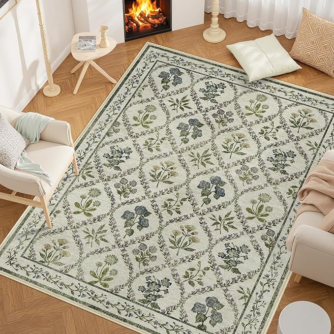 Floral Rugs for Girls, 5x7 Boho Washable Area Rug for Living Room, Cute Ultra-Thin Non Slip Indoor Decor Carpet for Nursery Kids Room Bedroom Playroom, Ivory Multi
