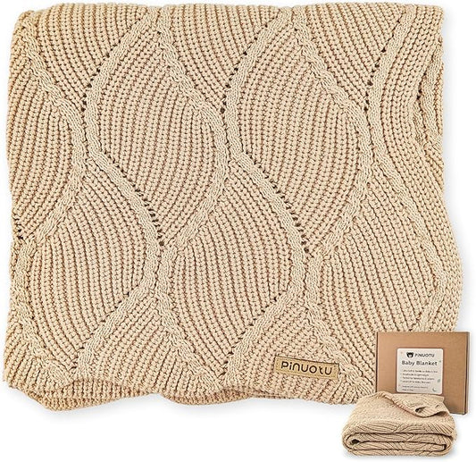 Thick Cotton Knit Baby Blanket 40x31 Inches – Soft Breathable Newborn Blanket for Boys & Girls, Wavy Pattern Receiving Blanket for Crib, Stroller, or Nursery, Gift Box for Baby Shower(Beige)