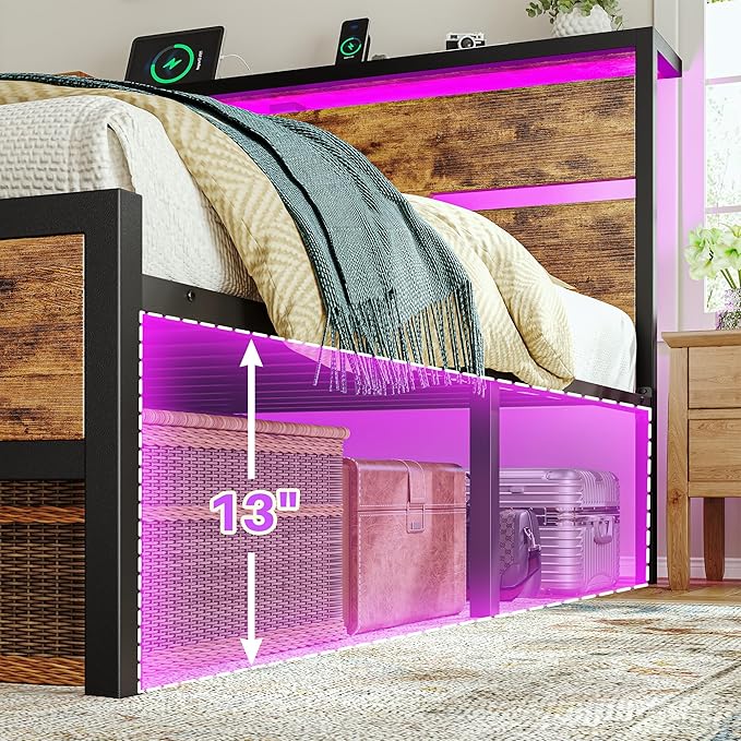 Queen Bed Frame with LED Lights & Charging Station, Bed Frame Queen Size with Headboard,13" Under Bed Storage, Noise-Free Heavy Duty Metal Support, Modern Brown