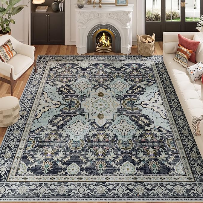 AMTOVO 8x10 Area Rugs for Living Room, Large Non-Slip Washable Rug, Boho Vintage Retro Medallion Print Pattern Carpet for Bedroom Dining Room Home Office Nursery Dorm Farmhouse, Grayish Blue