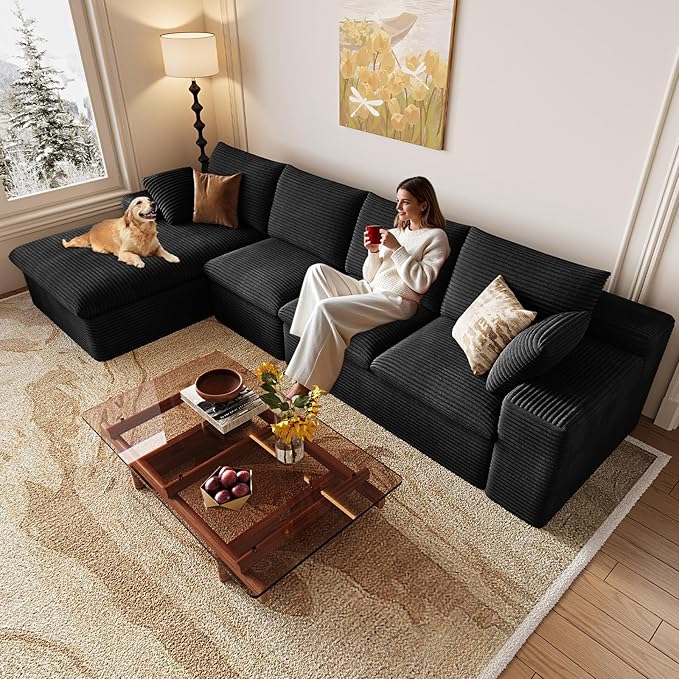 136 Inch Cloud Sectional Couch, Modern Modular Sectional Sofa with Deep Seat, Corduroy Boneless Couches with L-Shape Chaise for Living Room Bedroom, No Assembly Required (Black, Left Facing Chaise)
