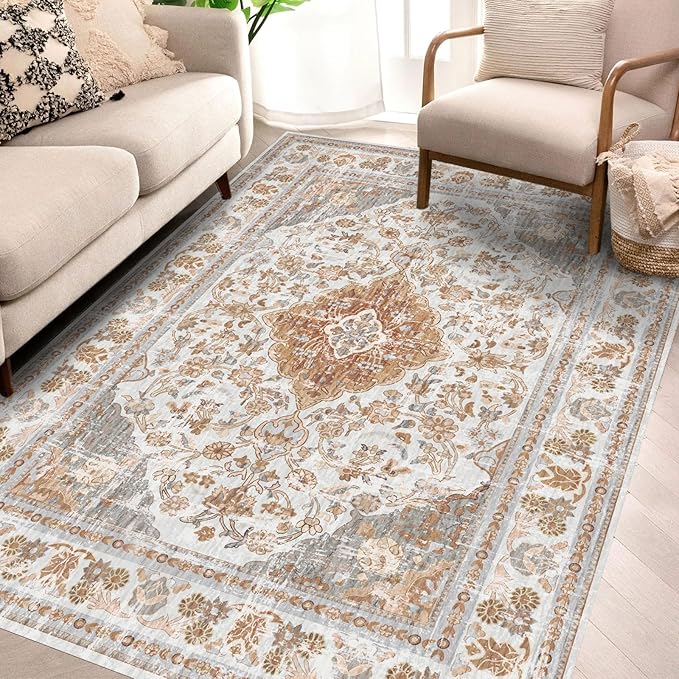 Vhong Boho Area Rugs Washable Vintage Modern Neutral Small Carpet Brown and Grey 4×6 High Traffic Rugs for Dinning Room Living Room Bedroom Non Slip