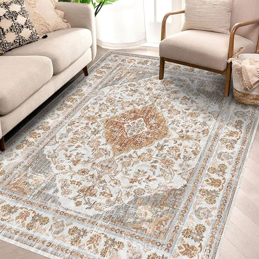 Vhong Boho Area Rugs Washable Vintage Modern Neutral Small Carpet Brown and Grey 4×6 High Traffic Rugs for Dinning Room Living Room Bedroom Non Slip