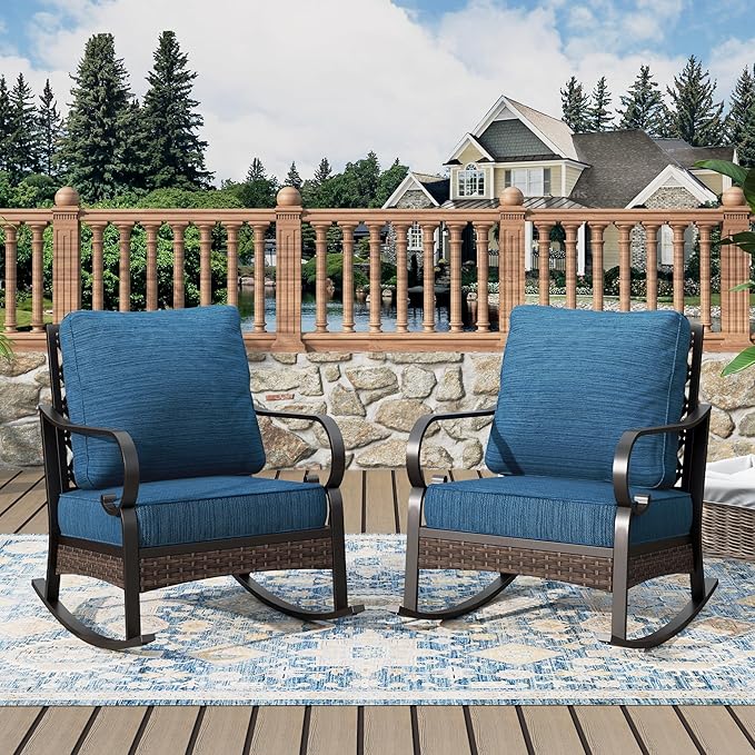 Patio Rocking Chairs Set of 2, Outdoor Sofa Chairs with Deep Seating and 5.75" Cushions, Steel Frame Porch Furniture for Lawn Backyard Deck, Peacock Blue